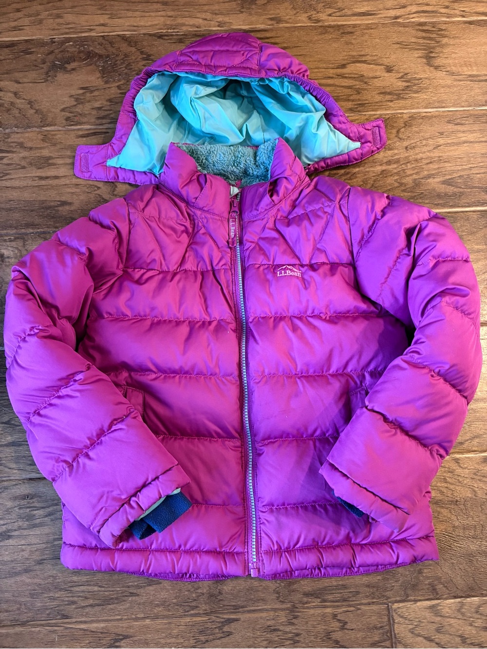 L.L. Bean Girls Magenta Puffer Jacket with Aqua Lined Hood